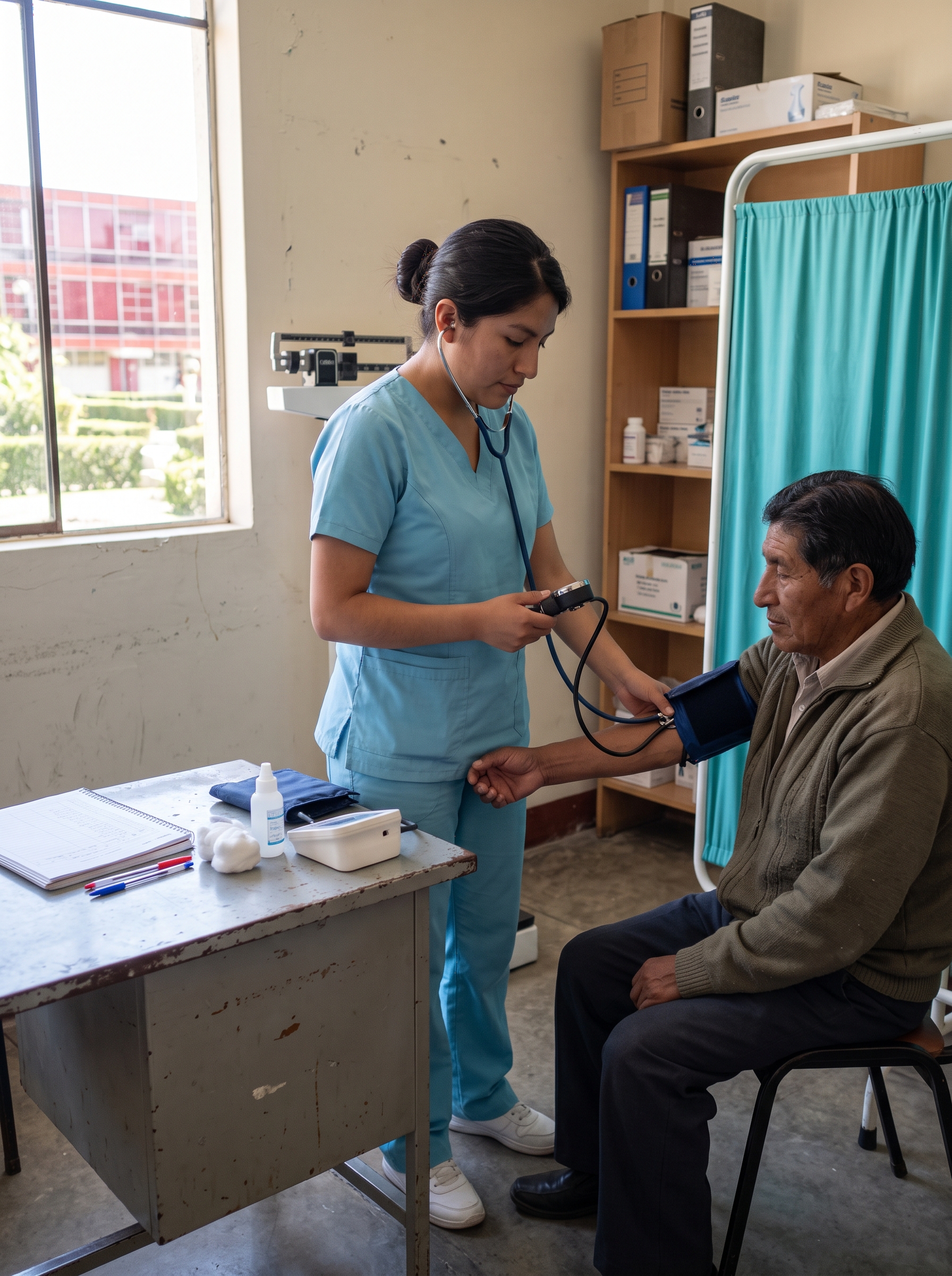 Estudiante de enfermería con uniforme tomando la presión arterial a un adulto mayor en una posta de salud