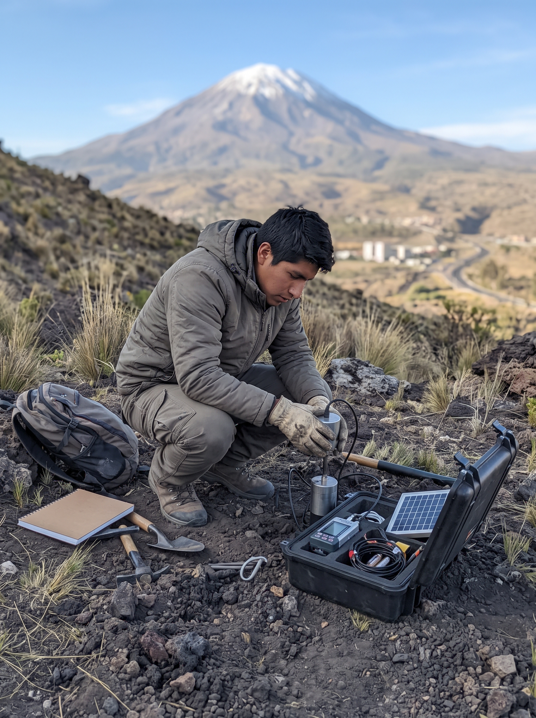 Estudiante de ingeniería geofísica instalando una estación sísmica portátil sobre un terreno de lava, con un volcán nevado al fondo
