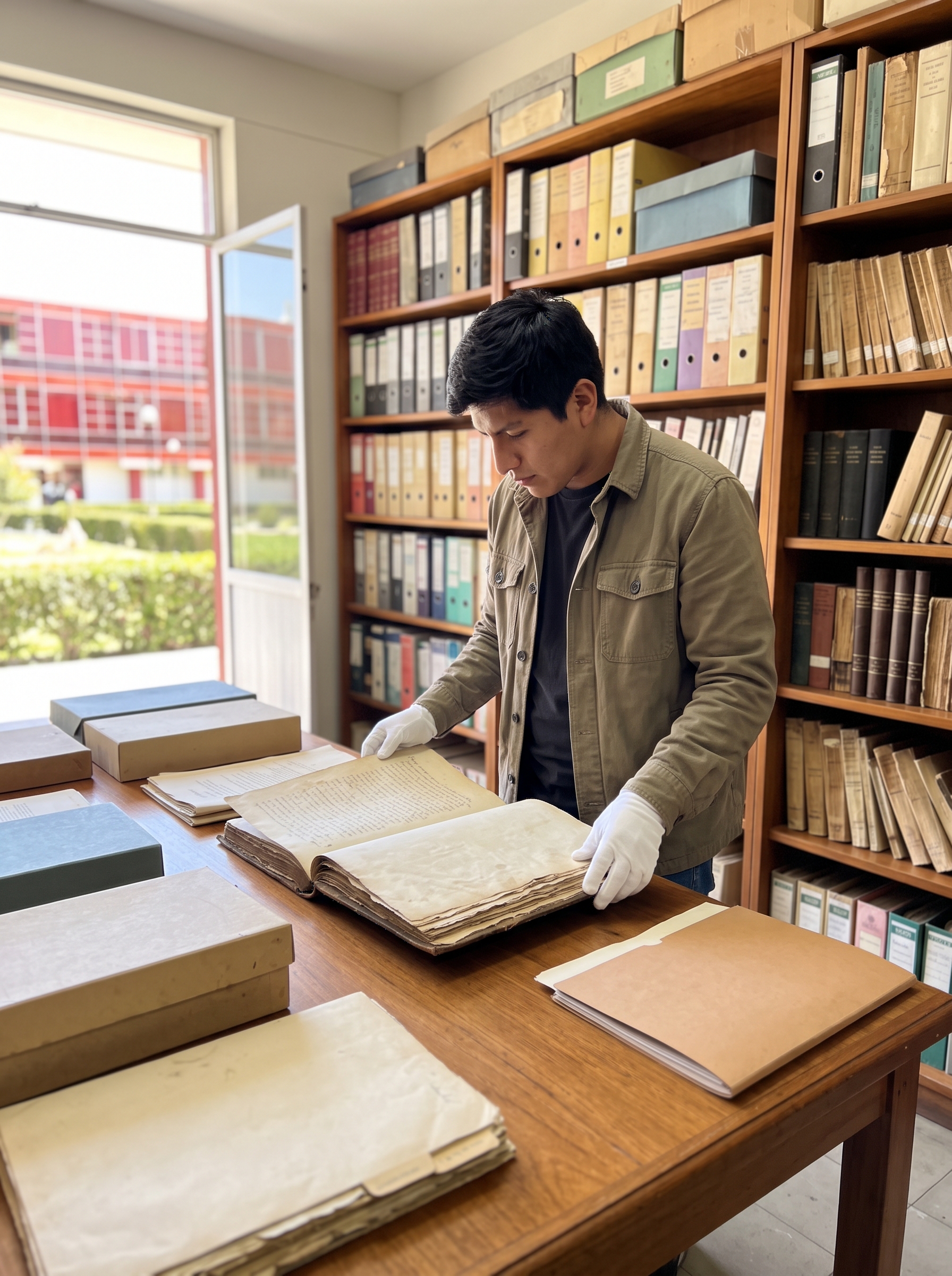Estudiante de historia con guantes blancos revisando un documento antiguo en un archivo con estantes de madera